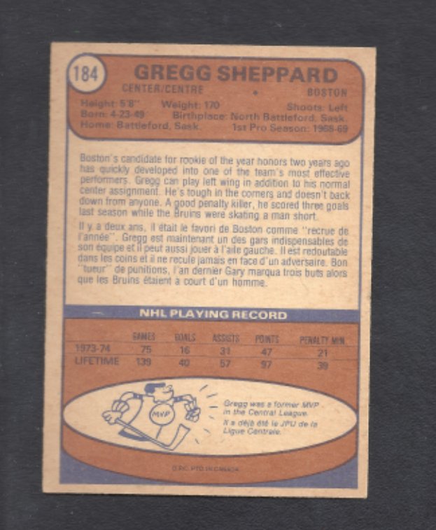 1974 - 1975 O - Pee - Chee Gregg Sheppard Boston Bruins Hockey Card #184 - HLJ at Home1974 - 1975 O - Pee - Chee Gregg Sheppard Boston Bruins Hockey Card #184Hockey CardO - Pee - Chee