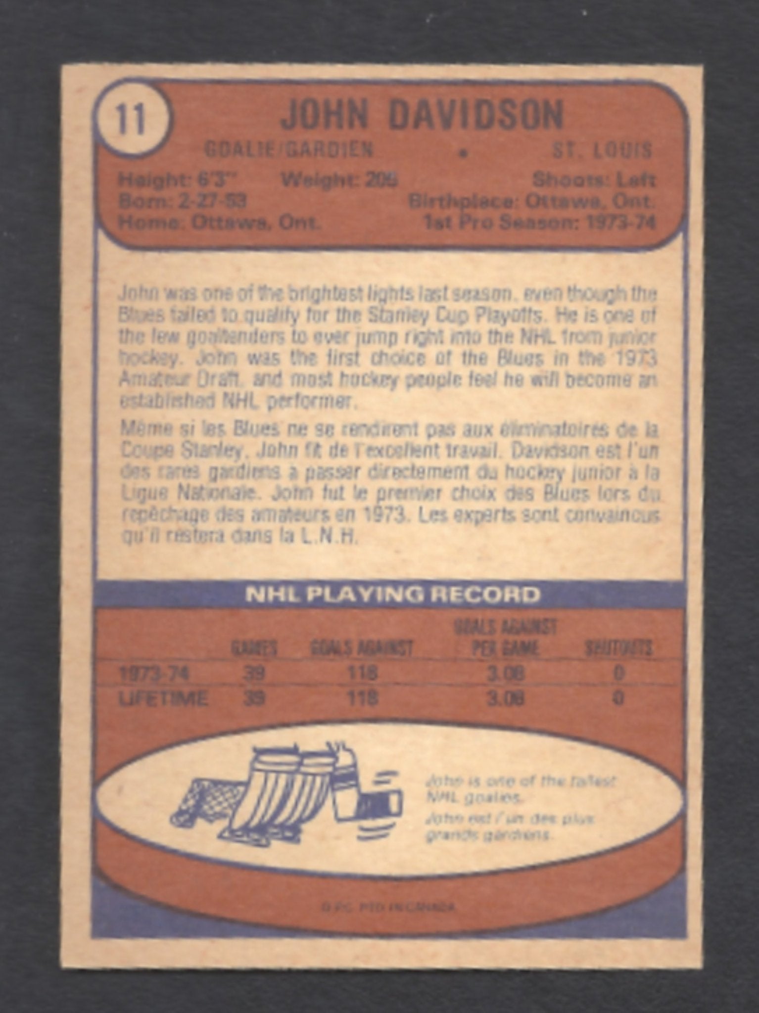 1974 - 1975 O - Pee - Chee John Davidson St. Louis Blues Rookie Card #11 - HLJ at Home1974 - 1975 O - Pee - Chee John Davidson St. Louis Blues Rookie Card #11Hockey CardO - Pee - Chee