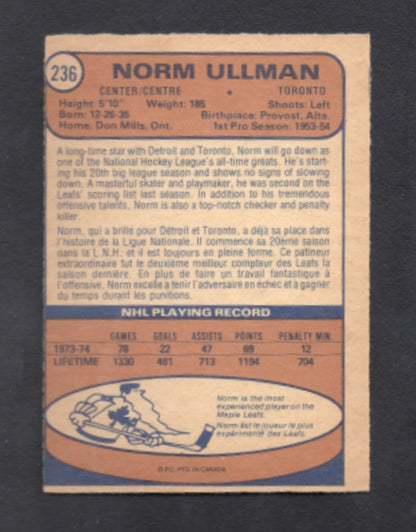 1974 - 1975 O - Pee - Chee Norm Ullman Toronto Maple Leafs Hockey Card #236