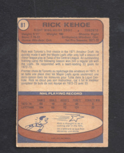1974 - 1975 O - Pee - Chee Rick Kehoe Toronto Maple Leafs Hockey Card #81
