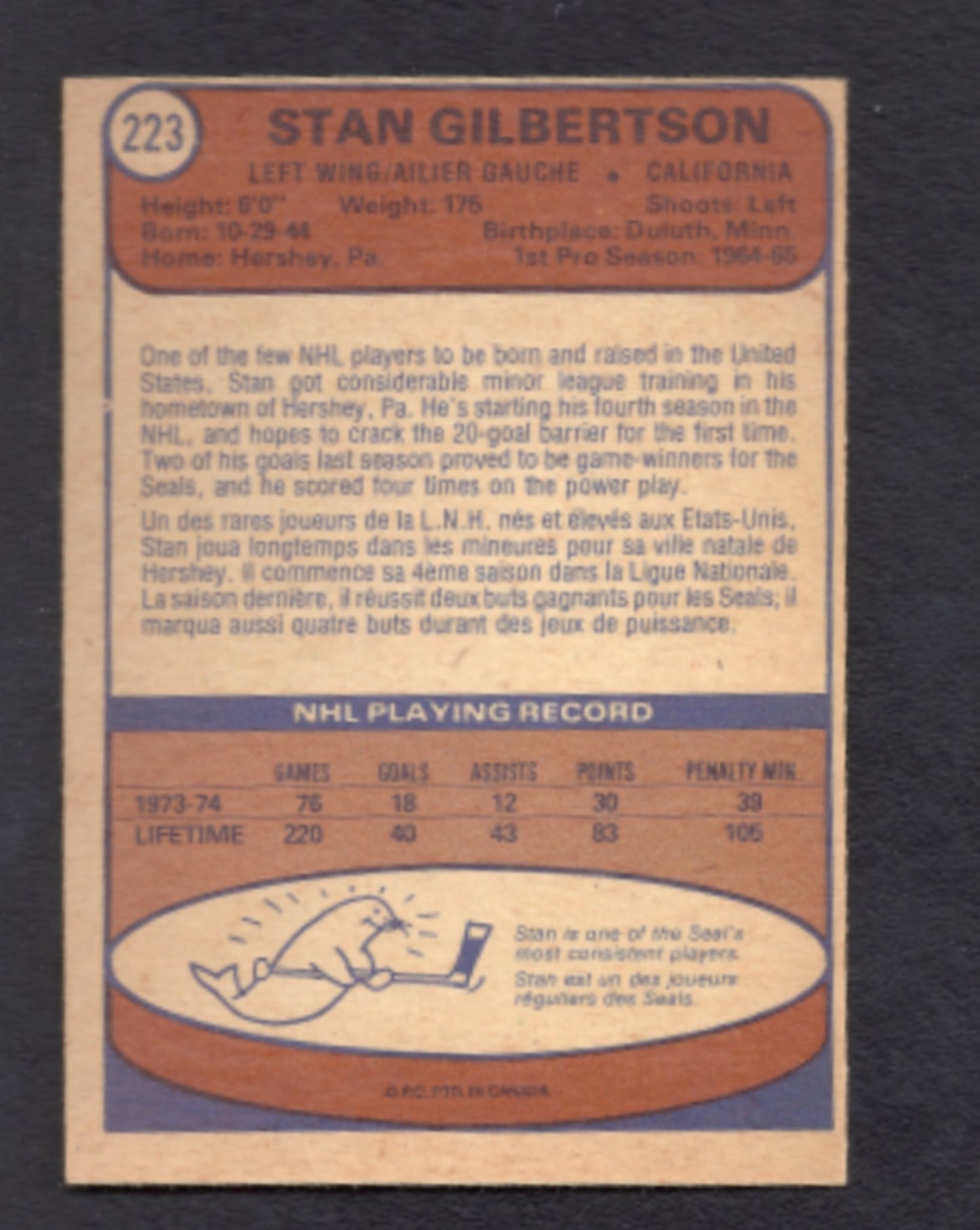 1974 - 1975 O - Pee - Chee Stan Gilbertson California Golden Seals Hockey Card #223 - HLJ at Home1974 - 1975 O - Pee - Chee Stan Gilbertson California Golden Seals Hockey Card #223Hockey CardO - Pee - Chee