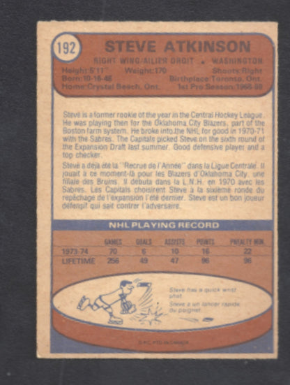 1974 - 1975 O - Pee - Chee Steve Atkinson Washington Capitals Hockey Card #192