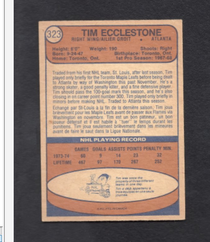 1974 - 1975 O - Pee - Chee Tim Ecclestone Toronto Maple Leafs Hockey Card #323 - HLJ at Home1974 - 1975 O - Pee - Chee Tim Ecclestone Toronto Maple Leafs Hockey Card #323Hockey CardO - Pee - Chee