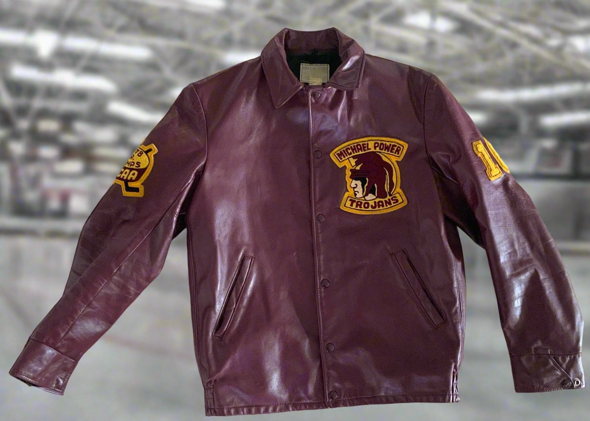 1977 - 1978 Michael Power Trojans High School Leather Vintage Hockey Jacket Adult Medium - HLJ at Home1977 - 1978 Michael Power Trojans High School Leather Vintage Hockey Jacket Adult MediumJacketHLJ at Home