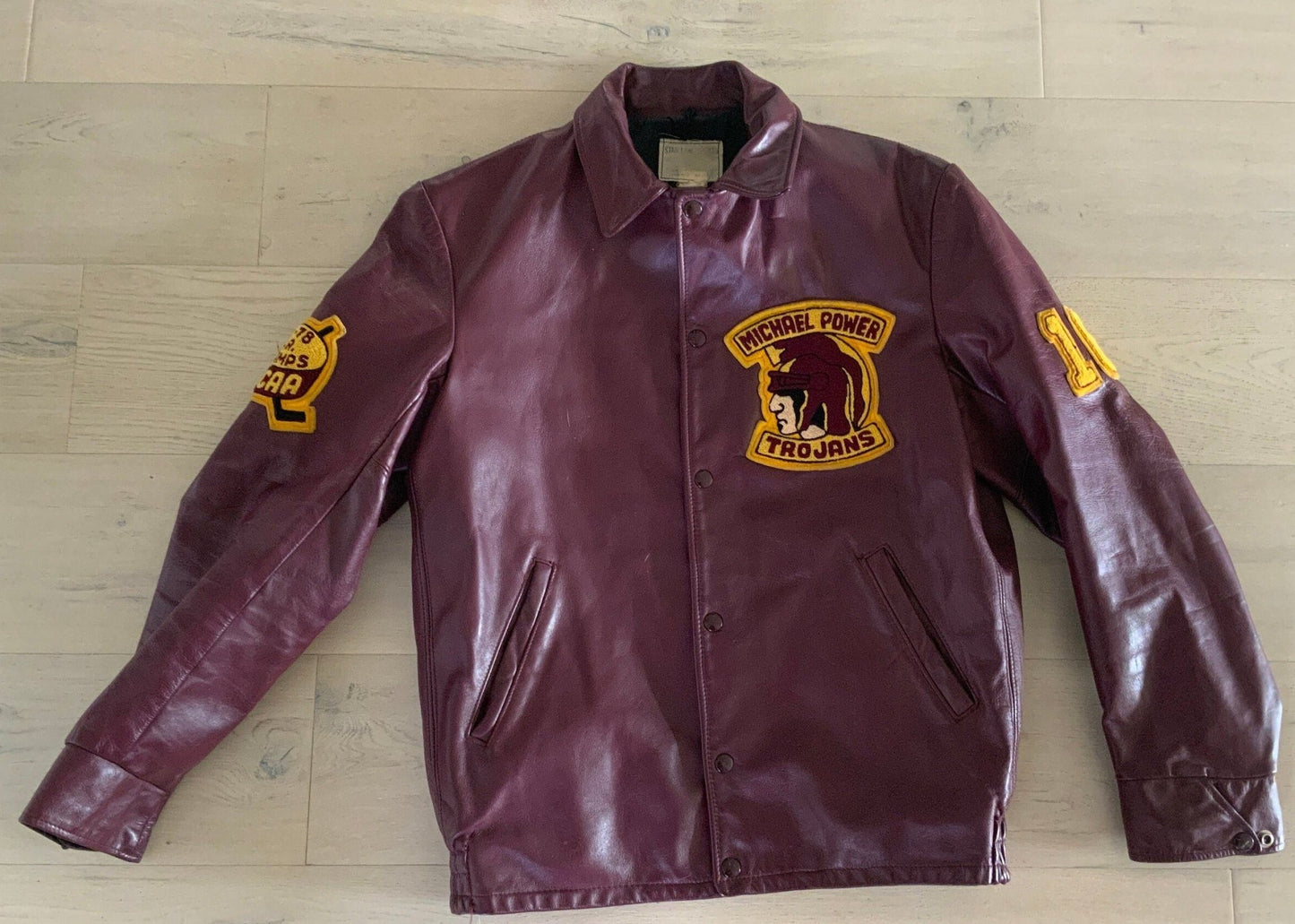 1977 - 1978 Michael Power Trojans High School Leather Vintage Hockey Jacket Adult Medium - HLJ at Home1977 - 1978 Michael Power Trojans High School Leather Vintage Hockey Jacket Adult MediumJacketHLJ at Home