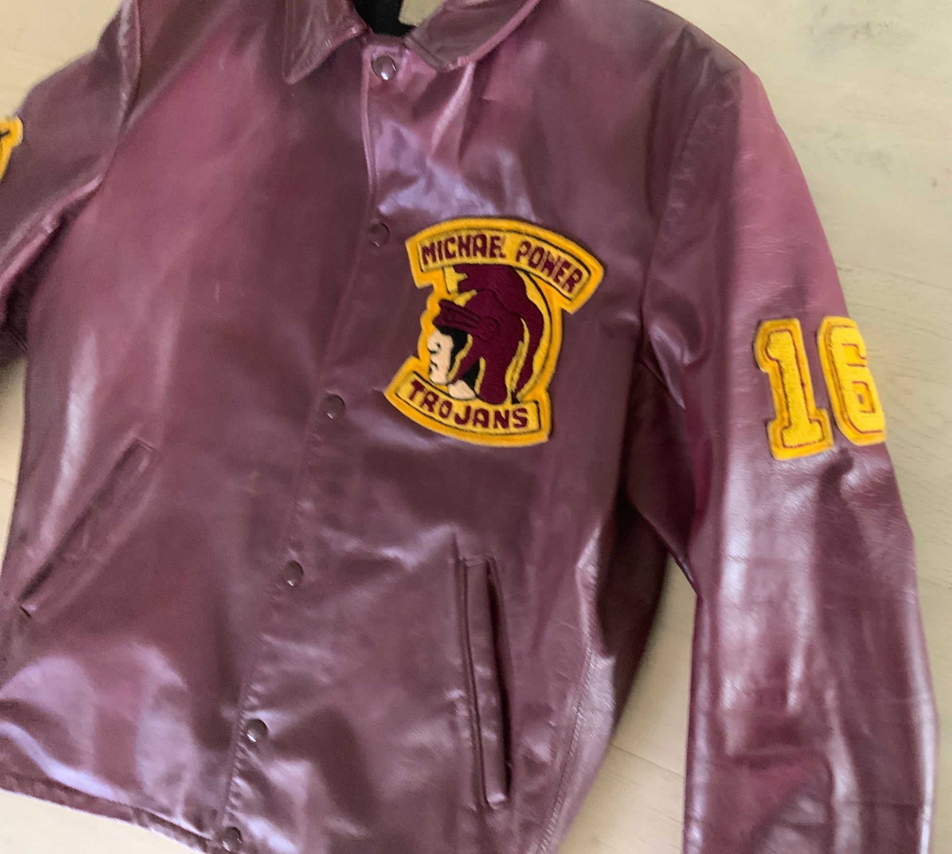 1977 - 1978 Michael Power Trojans High School Leather Vintage Hockey Jacket Adult Medium - HLJ at Home1977 - 1978 Michael Power Trojans High School Leather Vintage Hockey Jacket Adult MediumJacketHLJ at Home