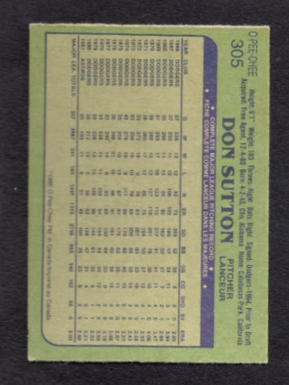 1982 Don Sutton O - Pee - Chee #305 Houston Astros Baseball Card