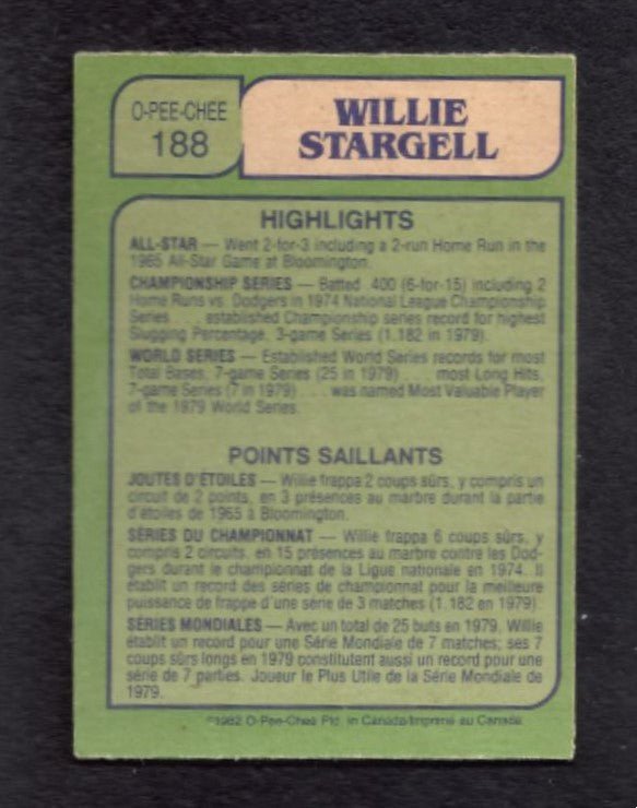 1982 Willie Stargell In Action #188 Pittsburgh Pirates Baseball Card - HLJ at Home1982 Willie Stargell In Action #188 Pittsburgh Pirates Baseball CardBaseball CardO - Pee - Chee