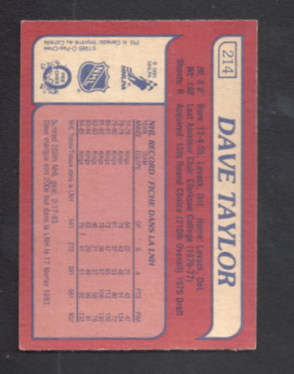 1985 - 1986 O - Pee - Chee Dave Taylor Los Angeles Kings Hockey Card #214