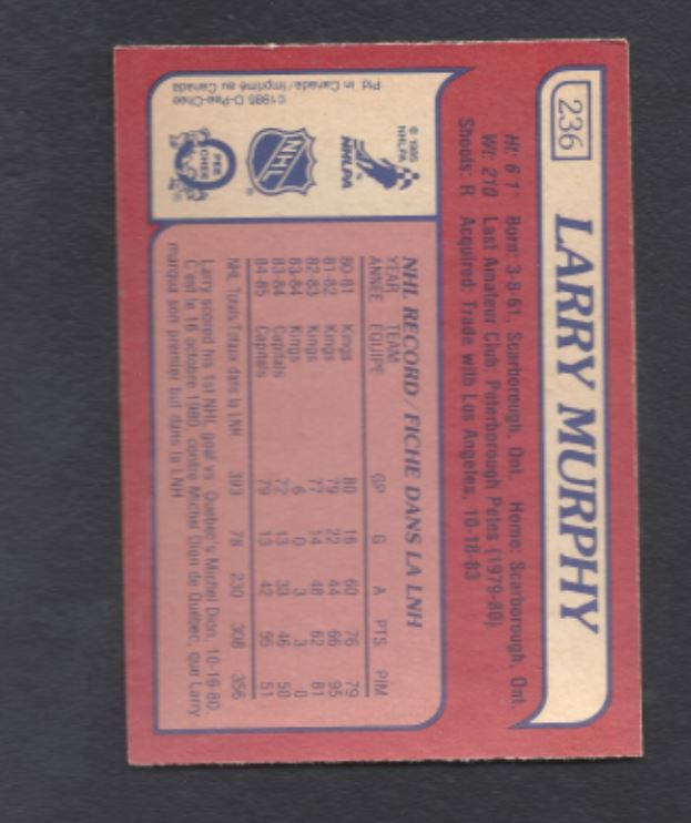 1985 - 1986 O - Pee - Chee Larry Murphy Washington Capitals Hockey Card #236 - HLJ at Home1985 - 1986 O - Pee - Chee Larry Murphy Washington Capitals Hockey Card #236Hockey CardO - Pee - Chee