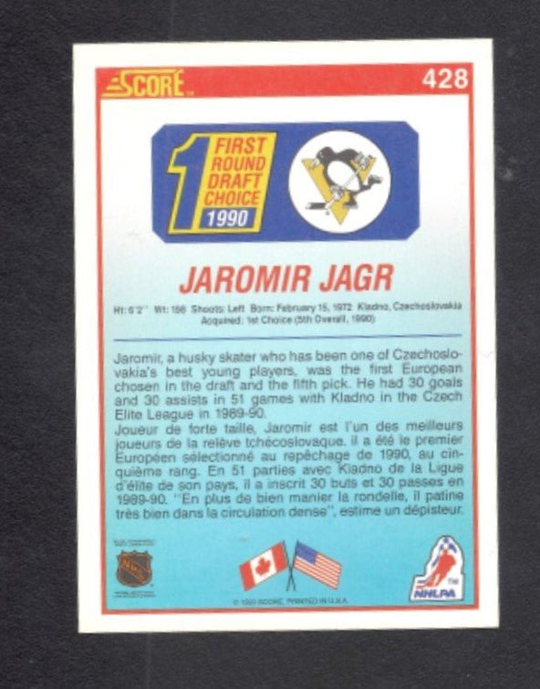 1991 - 92 Score Canadian Jaromir Jagr Pittsburgh Penguins Rookie Card #428 - HLJ at Home1991 - 92 Score Canadian Jaromir Jagr Pittsburgh Penguins Rookie Card #428Hockey CardScore Hockey