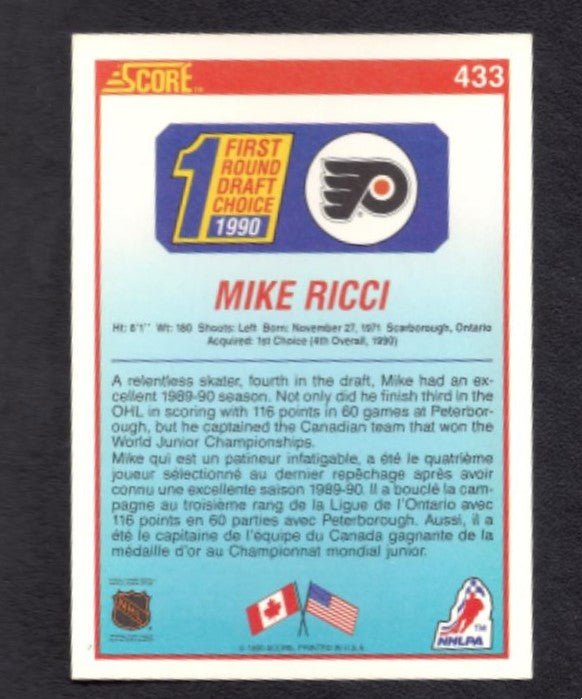 1991 - 92 Score Canadian Mike Ricci Philadelphia Flyers Rookie Card #433 - HLJ at Home1991 - 92 Score Canadian Mike Ricci Philadelphia Flyers Rookie Card #433Hockey CardScore Hockey