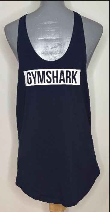 Black tank top with 'GYMSHARK' logo on a mannequin against a white background
