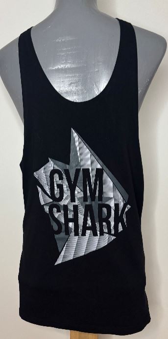 Black tank top with 'Gym Shark' logo on a mannequin against a white background