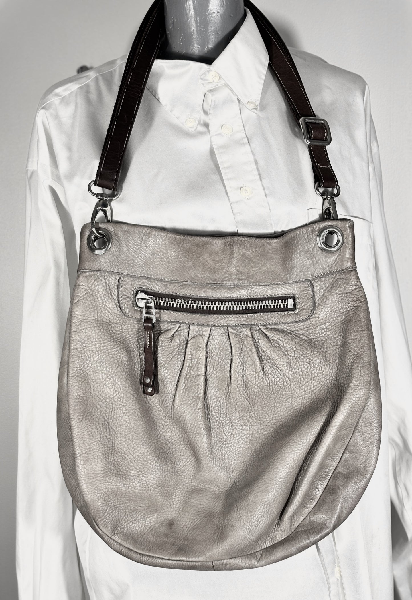 Roots Grey Pleated Leather Crossbody Purse