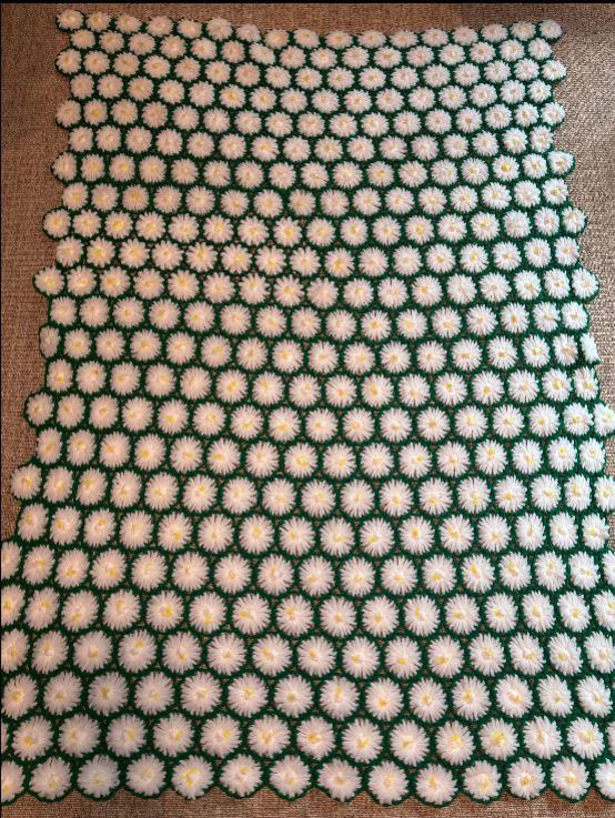 Hand Knit Green and White Daisy Afghan Throw Blanket
