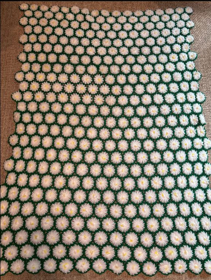 Hand Knit Green and White Daisy Afghan Throw Blanket