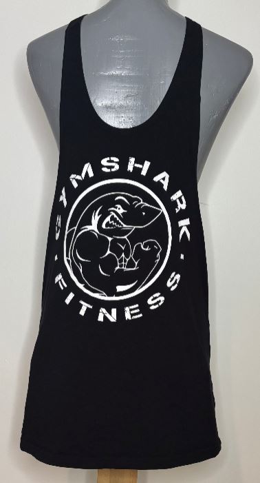 Black tank top with white logo and text on a mannequin against a white background