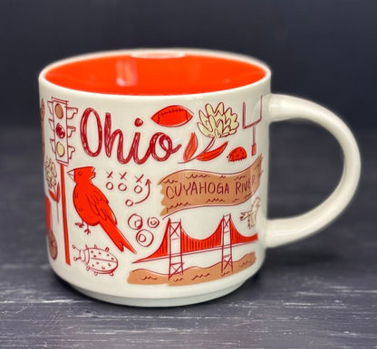 Mug with Ohio-themed illustrations on a dark background
