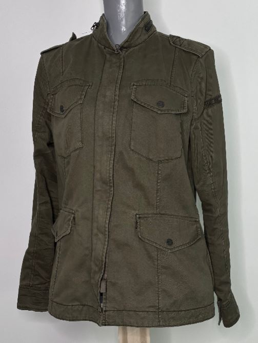 Green jacket on a mannequin against a white background