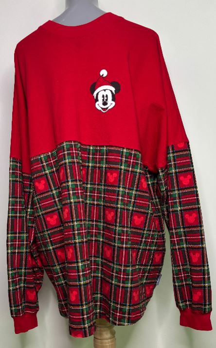 Red and plaid sweater with a Mickey Mouse logo on a white background