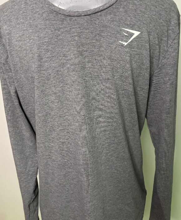 Gray long-sleeve shirt with a logo on a light green background