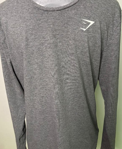 Gray long-sleeve shirt with a logo on a light green background