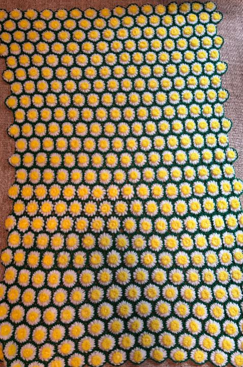 Hand Knit Green and White Daisy Afghan Throw Blanket