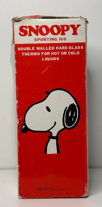 Red box with Snoopy illustration and 'Snoopy Sporting Jug' text on a white background