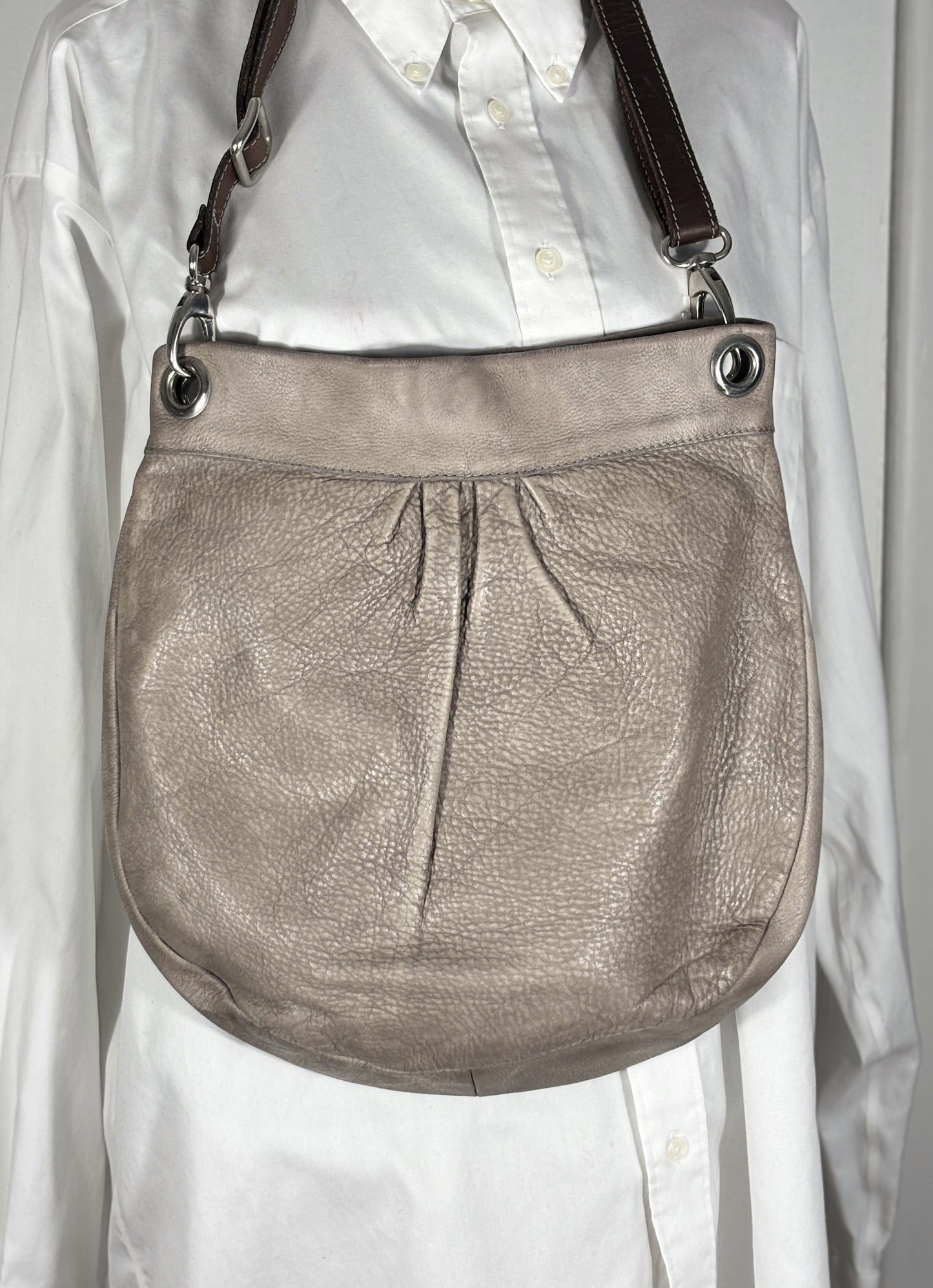 Roots Grey Pleated Leather Crossbody Purse