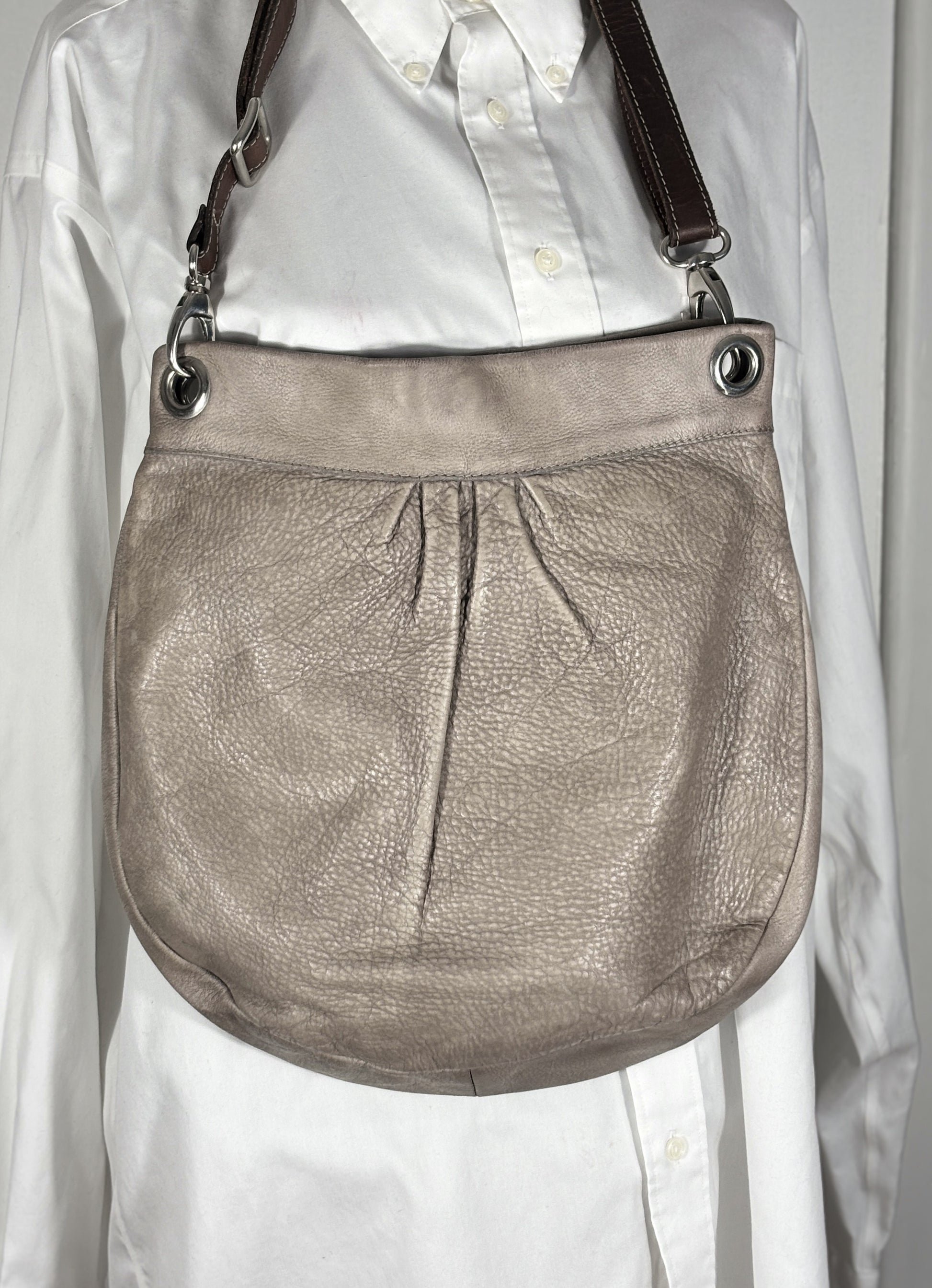 Roots Grey Pleated Leather Crossbody Purse