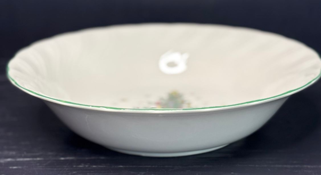 White ceramic bowl with green rim on a dark background
