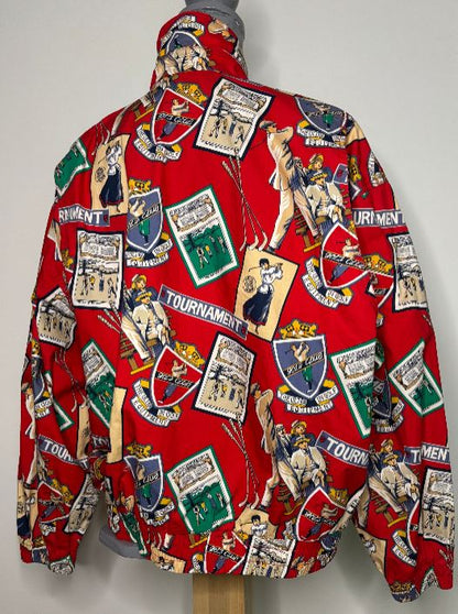 Red jacket with vintage-style patches on a white background