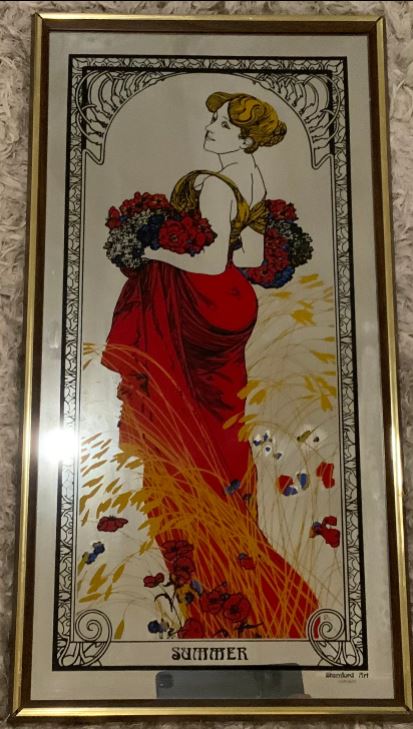 Framed artwork of a woman in a red dress with floral decorations, labeled 'Summer'.
