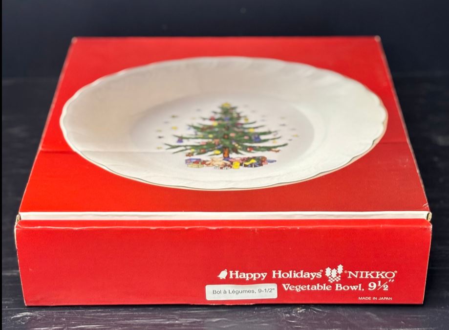 Nikko Vegetable Bowl with Christmas design in a red box on a dark background