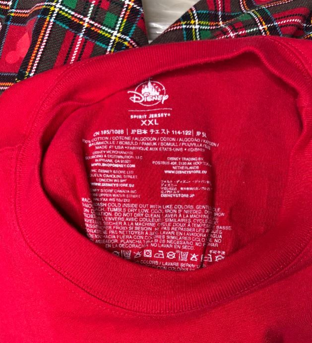 Red sweatshirt with Disney branding on the back, worn over a plaid garment.