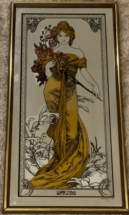 Art Nouveau-style illustration of a woman in a gold dress holding flowers, framed.