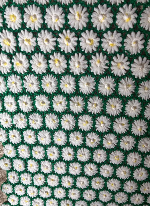 Close-up of a green fabric with white floral patterns