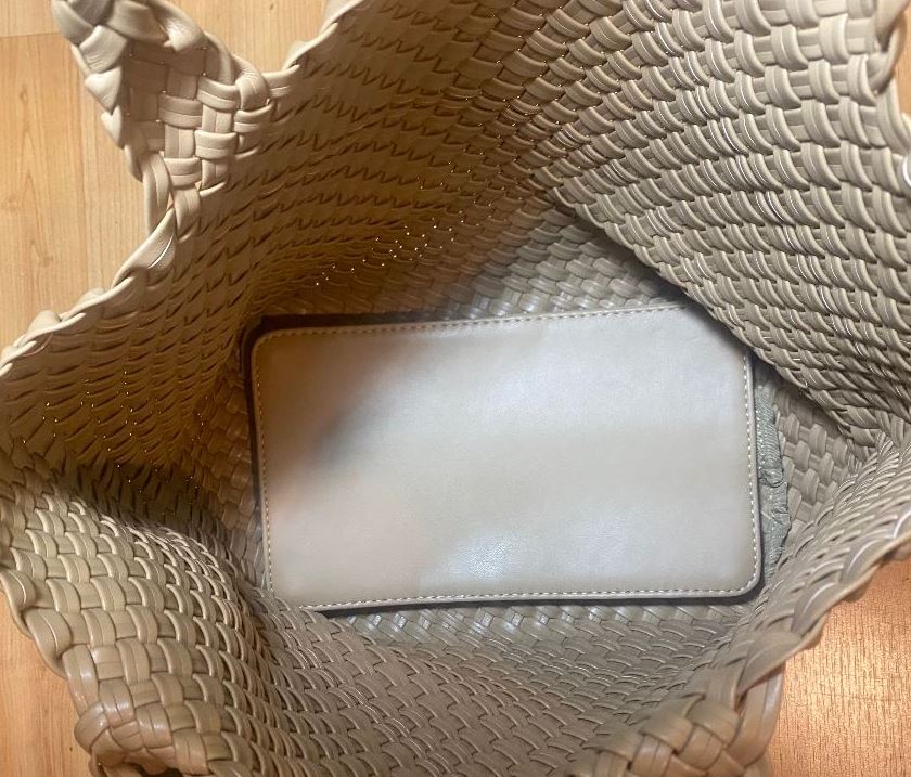 Vegan PU Leather Beige Woven Bucket Style Tote Purse