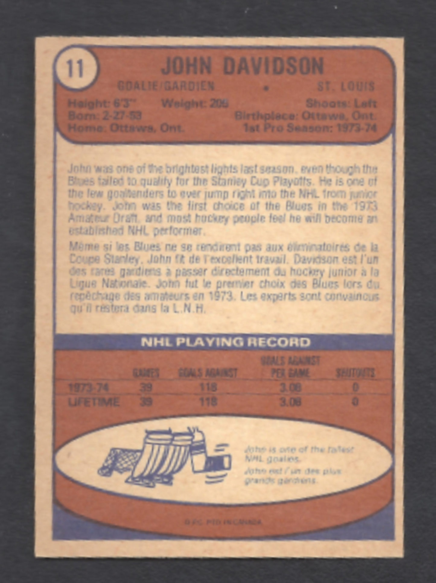 1974-1975 O-Pee-Chee John Davidson St. Louis Blues Rookie Card #11