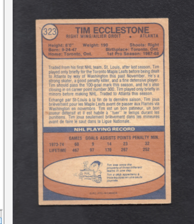 1974-1975 O-Pee-Chee Tim Ecclestone Toronto Maple Leafs Hockey Card #323