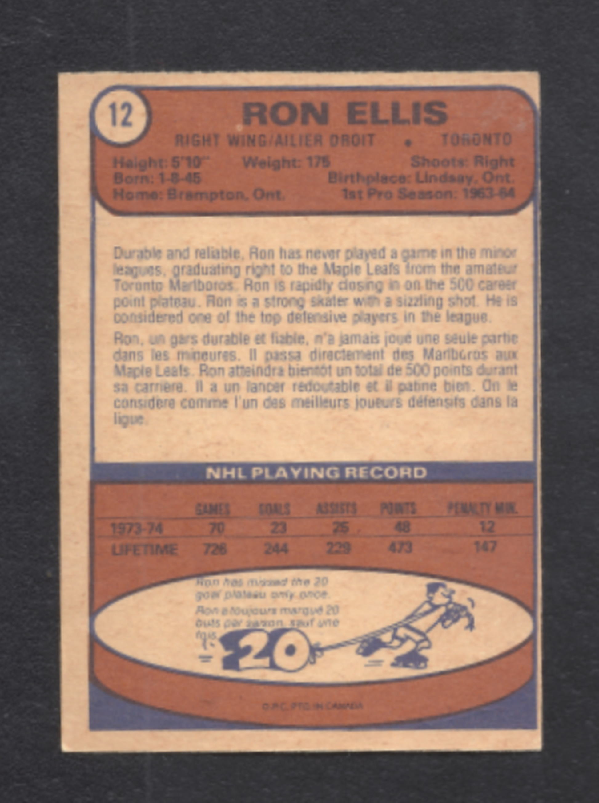 1974-1975 O-Pee-Chee Ron Ellis Toronto Maple Leafs Hockey Card #12