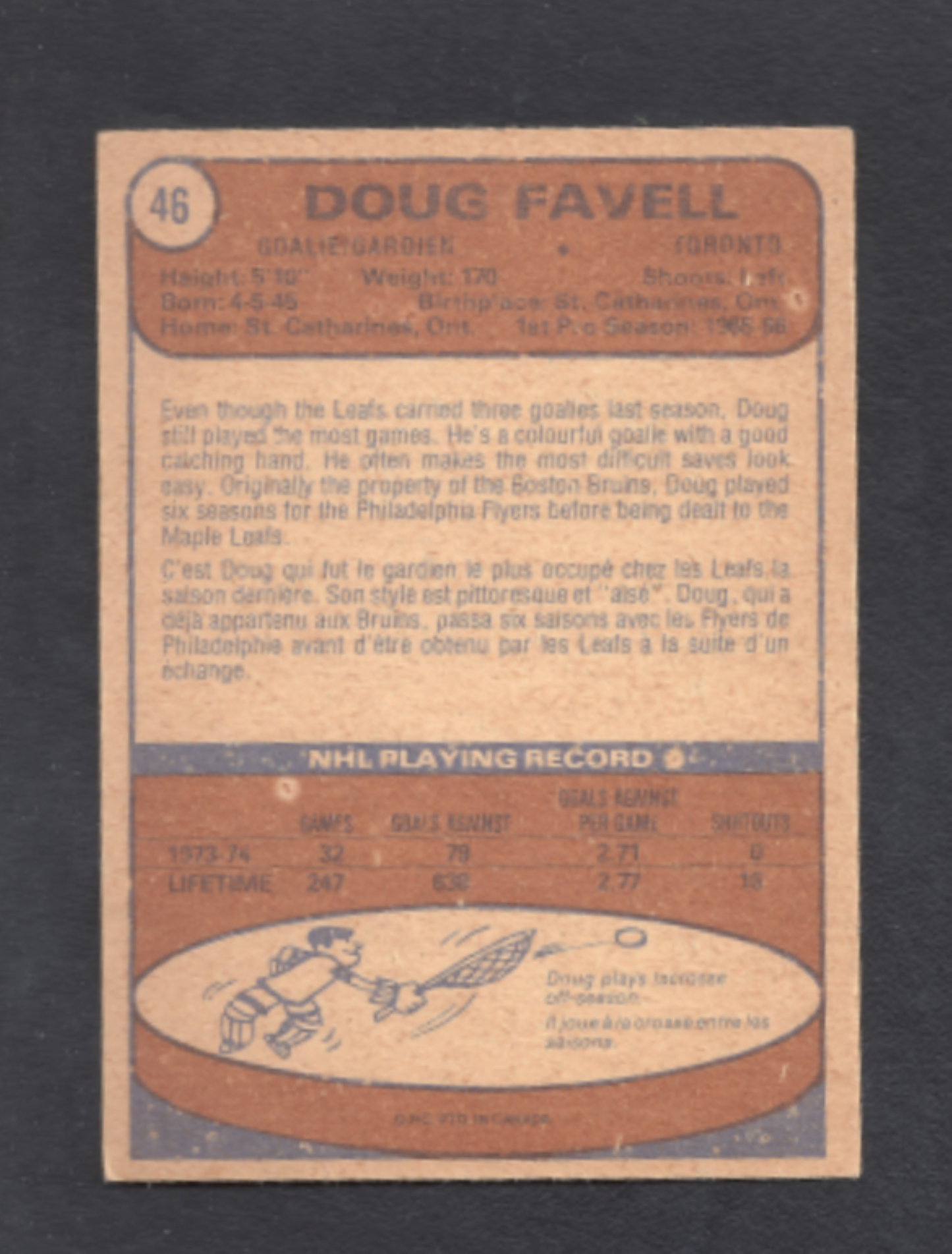 1974-1975 O-Pee-Chee Doug Favell Toronto Maple Leafs Hockey Card #46