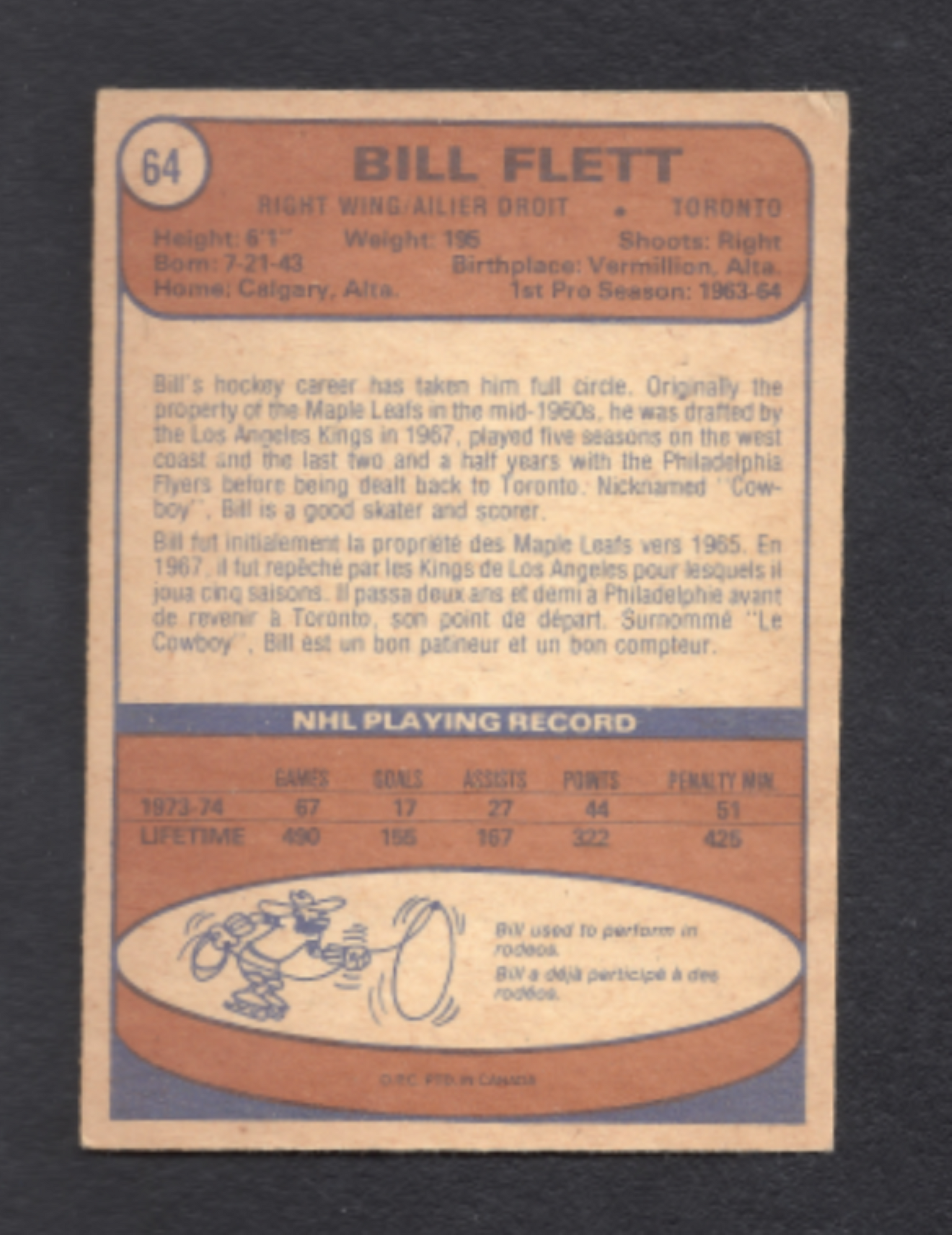 1974-1975 O-Pee-Chee Bill Flett Toronto Maple Leafs Hockey Card #64