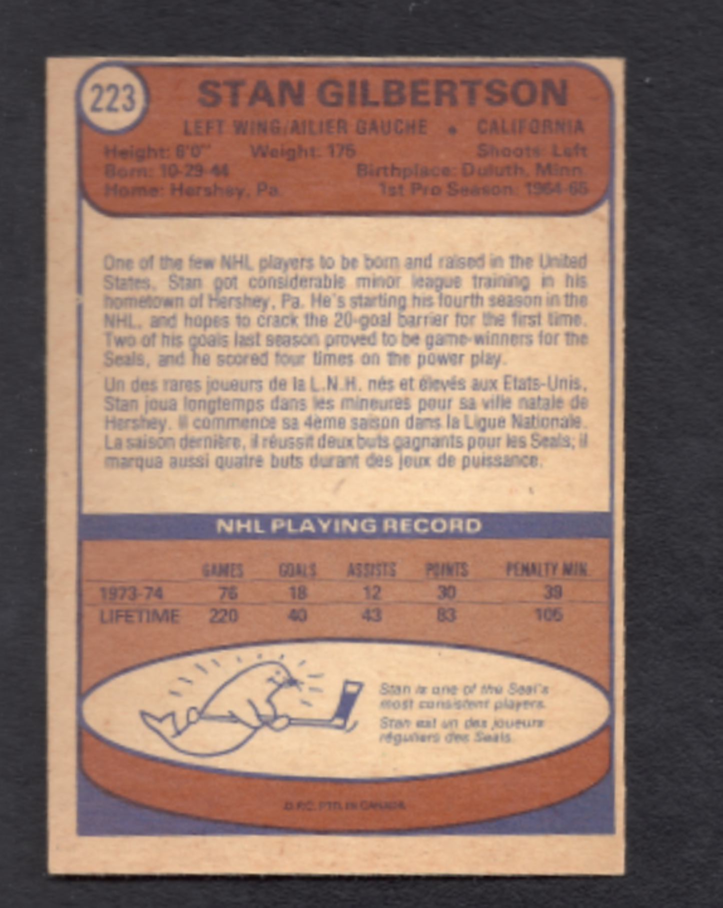 1974-1975 O-Pee-Chee Stan Gilbertson California Golden Seals Hockey Card #223