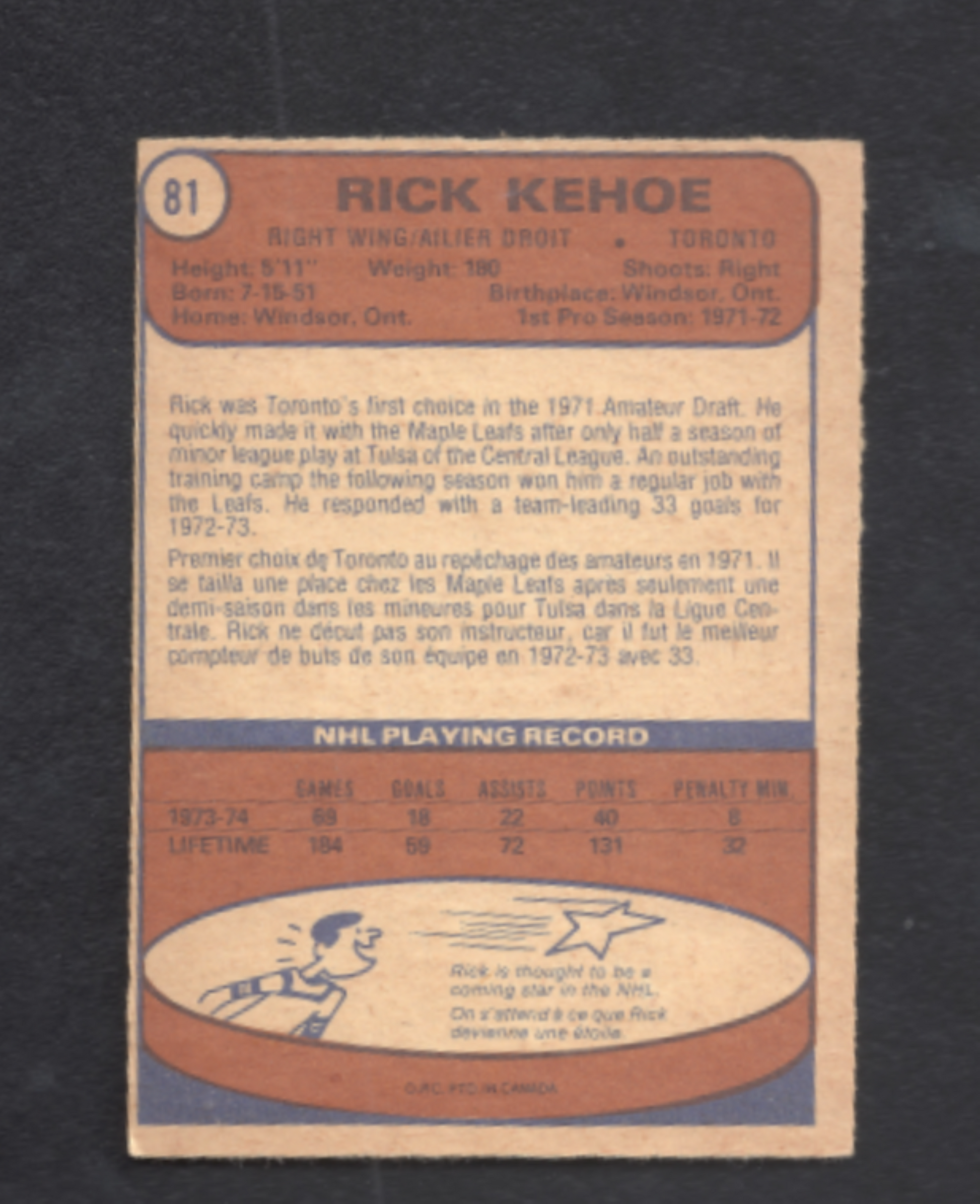 1974-1975 O-Pee-Chee Rick Kehoe Toronto Maple Leafs Hockey Card #81