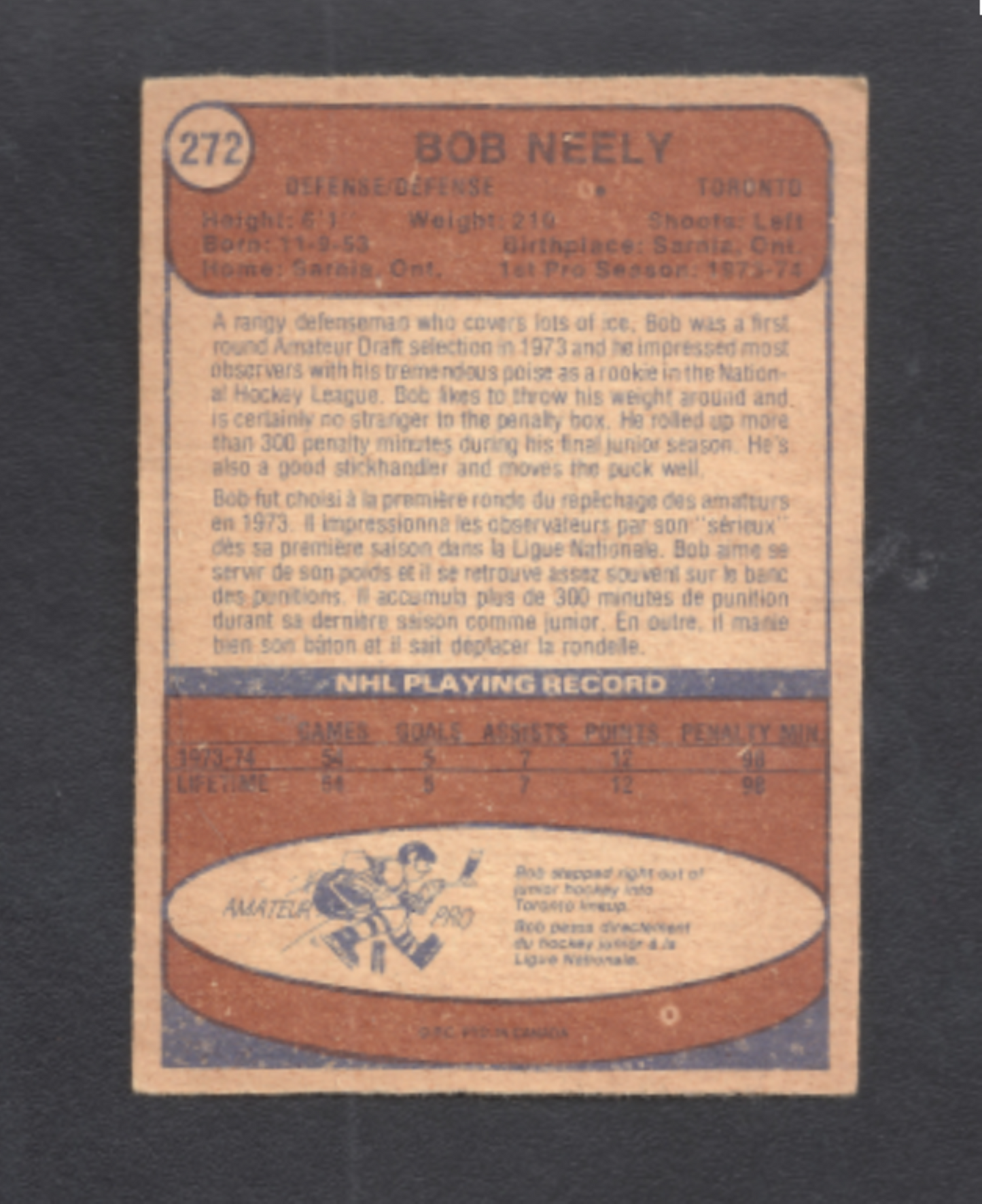 1974-1975 O-Pee-Chee Bob Neely Toronto Maple Leafs Hockey Card #272