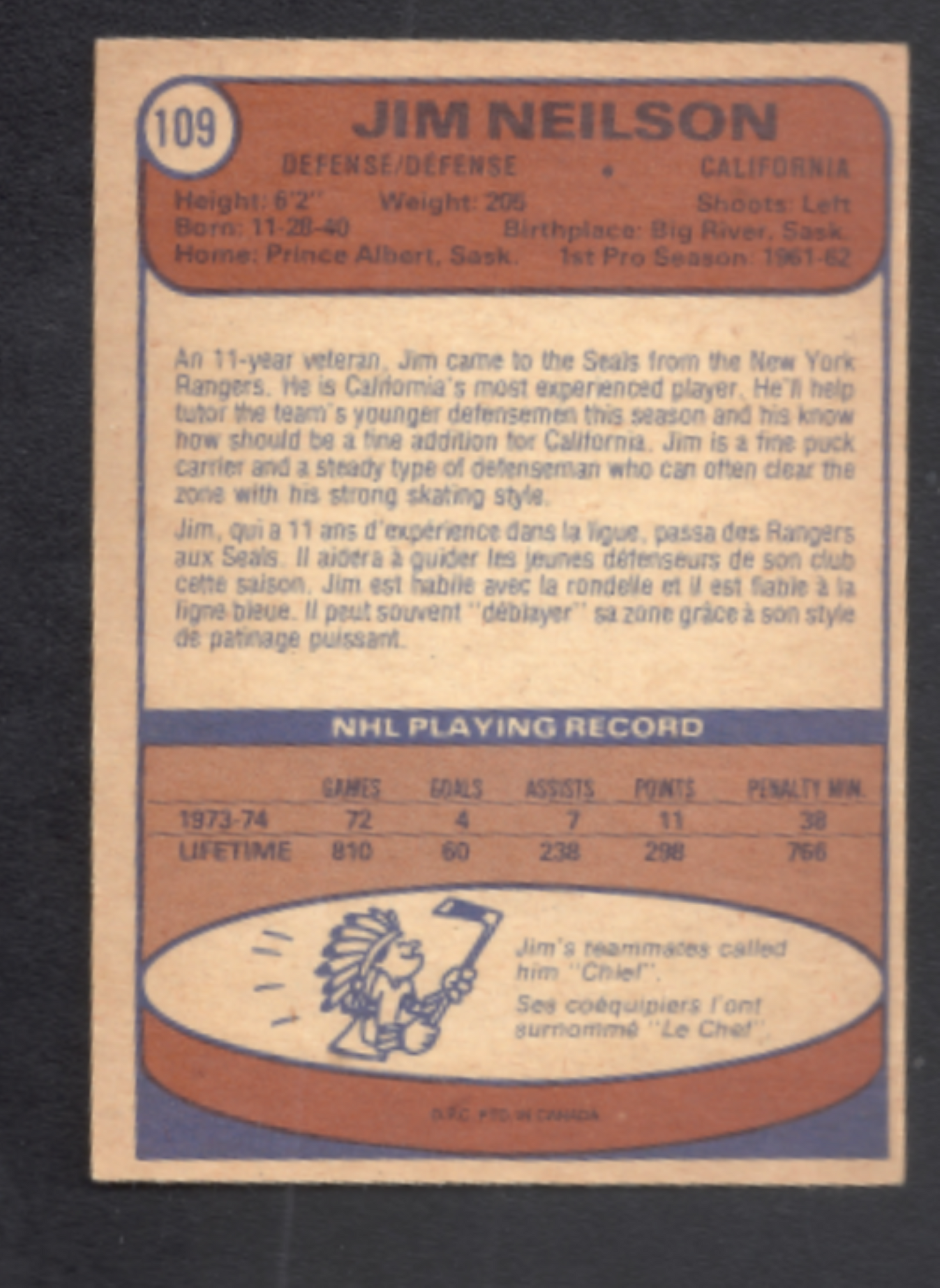 1974-1975 O-Pee-Chee Jim Neilson California Golden Seals Hockey Card #109