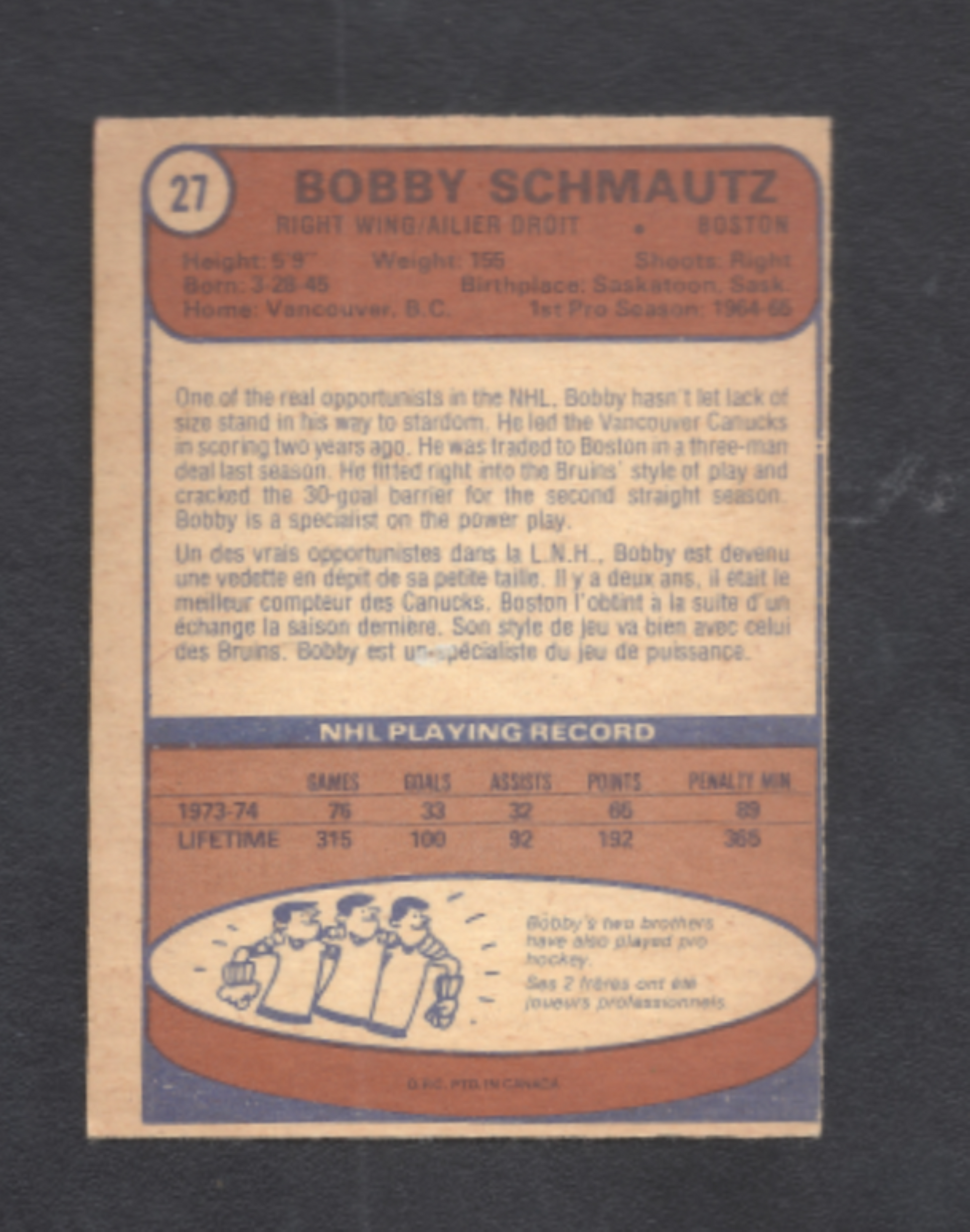 1974-1975 O-Pee-Chee Bobby Schmautz Boston Bruins Hockey Card #27