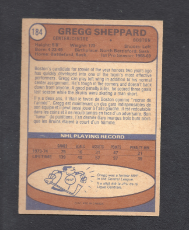 1974-1975 O-Pee-Chee Gregg Sheppard Boston Bruins Hockey Card #184